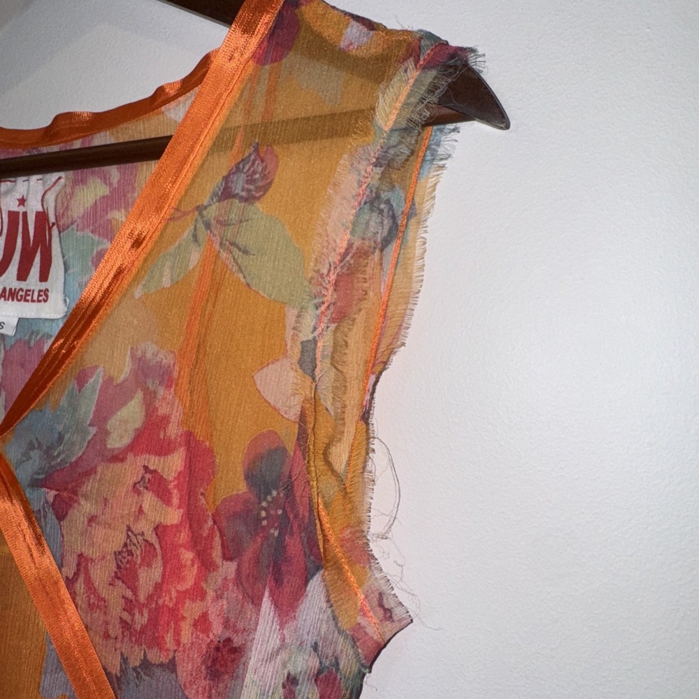 JOHNNY WAS 100% Silk Maxi Dress Sz S Orange Floral Tiered Lined Boho Ribbon Slip - Picture 8 of 16